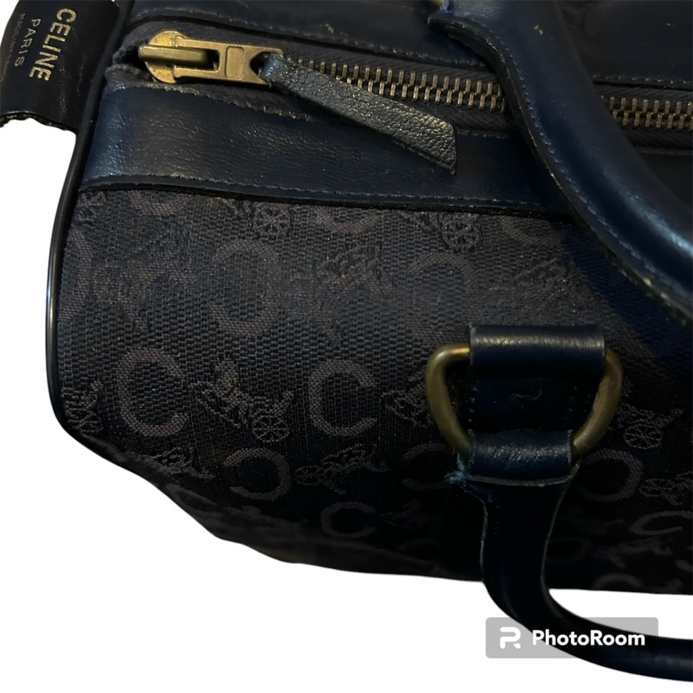 CELINE Authentic Vintage C Macadam Navy Blue Canvas Leather Trim Boston Bag Tote - Picture 13 of 17